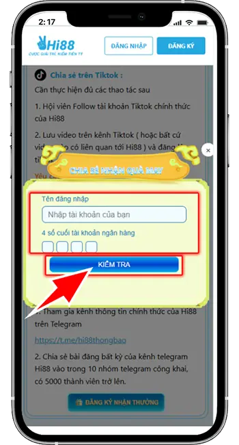 Bước 5: Bấm ĐĂNG KÝ NHẬN THƯỞNG, nhập thông tin TÊN TÀI KHOẢN và 4 SỐ CUỐI NGÂN HÀNG liên kết, bấm KIỂM TRA
